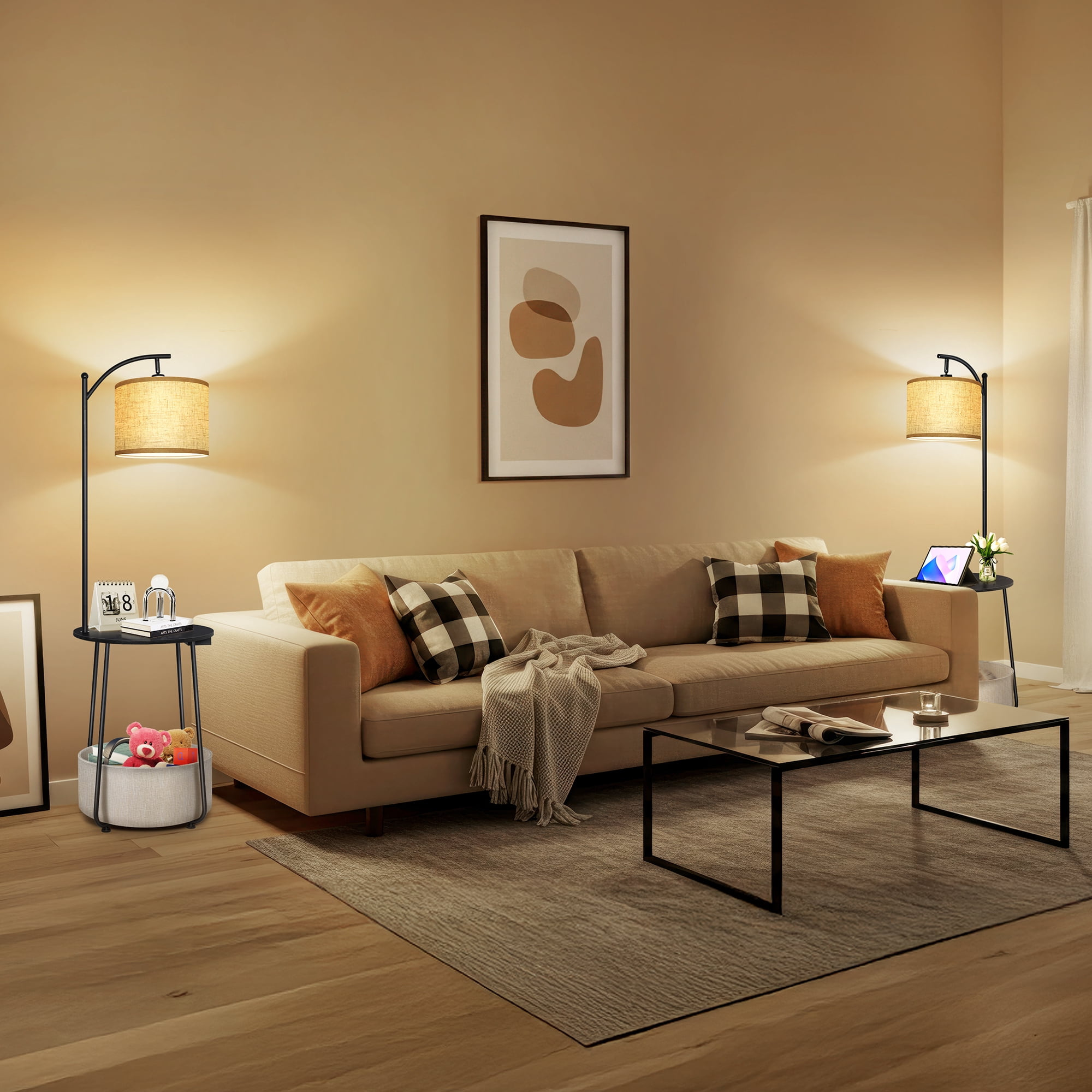 OUTON Floor Lamp with Table, End Table with Lamp for Living Room with USB & Type C Charging Port, Dimmable Lamps for Nightstand Attached for Bedroom, Black