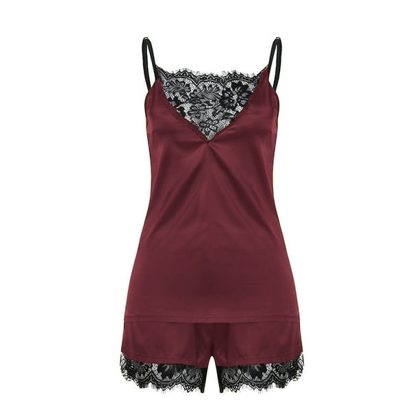 Gibobby Conjunto ropa interior mujer Conjunto de lencería sexy con pantalones cortos, sexy cierre frontal, malla negra, manga larga, body para mujer(Vino rojo, M)