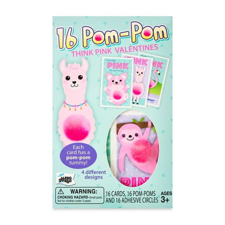 Mello Smello Valentine's Day Pom-Pom Think Pink Valentines Kiddie Cards, 16CT