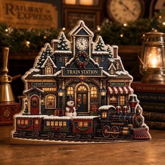 Wooden Block Christmas Train Station Village Wood Tabletop Display for Holiday Mantel Decor