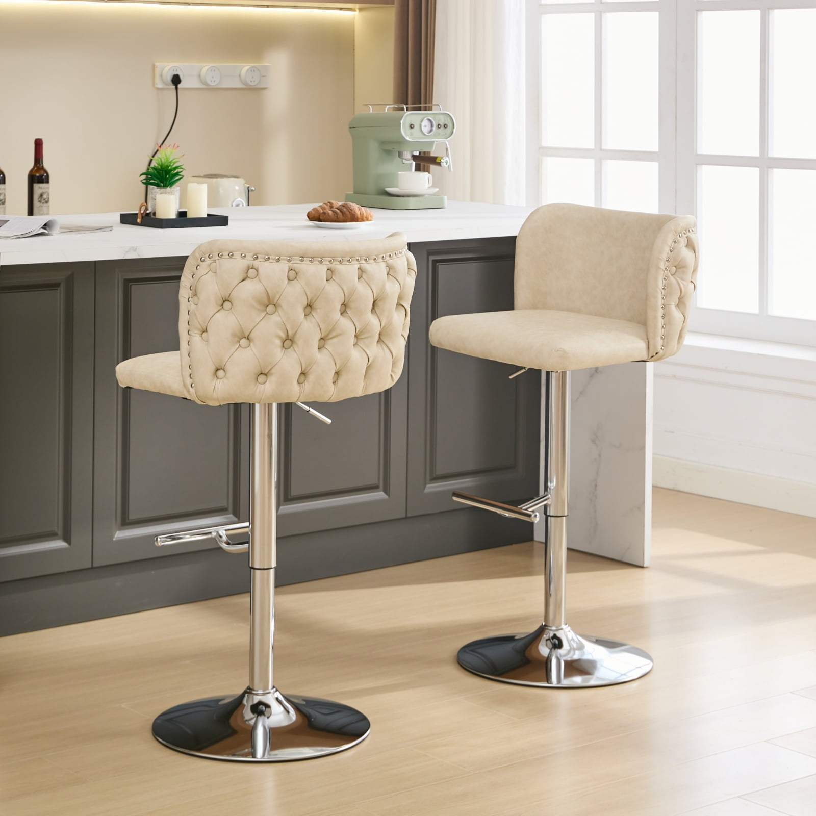 DONICK Swivel Counter Height Barstools,Upholstered Bar Stools Adjustable Height Nailhead Button Tufted Kitchen Island (PU,Cream,Set of 6)