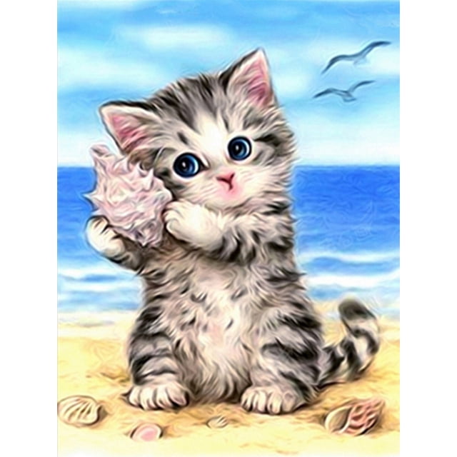 Create Your Own Beach Cat Art: DIY Diamond Painting Kit with HD Canvas, Colorful Resin Rhinestones, and Tools – Perfect Home Decor Craft for Adults & Teens (Frame Not Included)