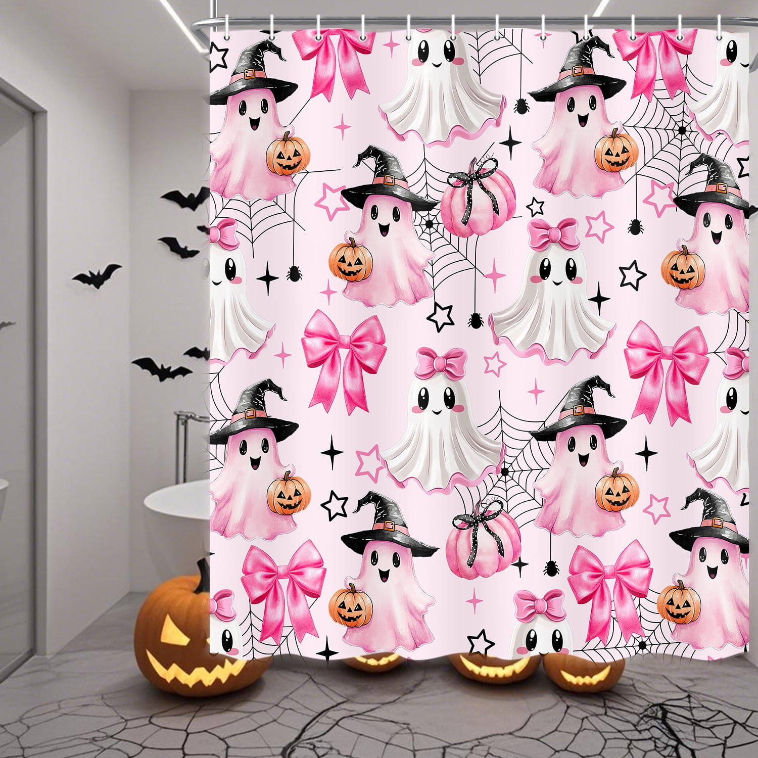 Pink Halloween Shower Curtain, Cute Ghost Pumpkin Spooky Shower Curtain for Bathroom, Funny Halloween Holiday Cartoon Spooky Bathroom Decor Fabric with Hook, 60X70in
