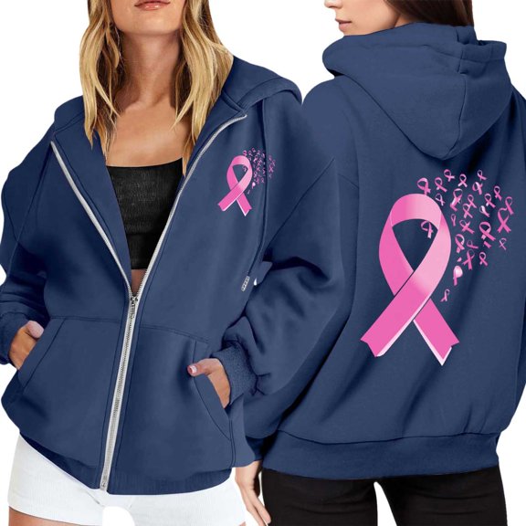 Breast Cancer Zip Up Hoodie Women Pink Ribbon Breast Cancer Awareness Hoodies Long Sleeve Jacket with Pockets