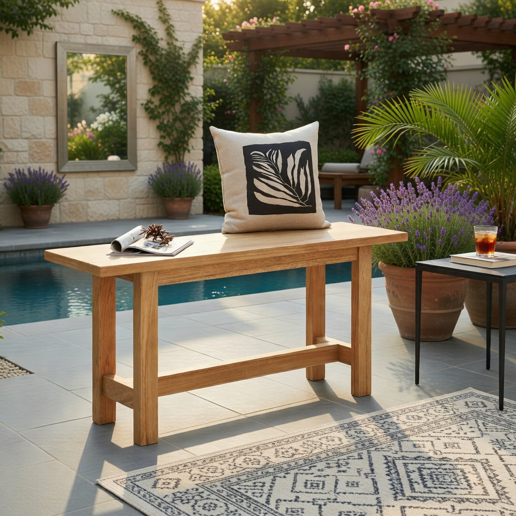 Hommoo Teak Wood Outdoor Bench, H-Frame Backyard, Porch & Poolside Seating for 2, Weather-Resistant Sustainable Hardwood, Natural