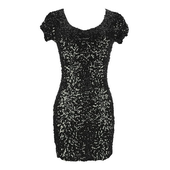 Whitewed Deep V Neck Mini Short Bodycon Sequin Sleeved Cocktail Club Party Dress Black