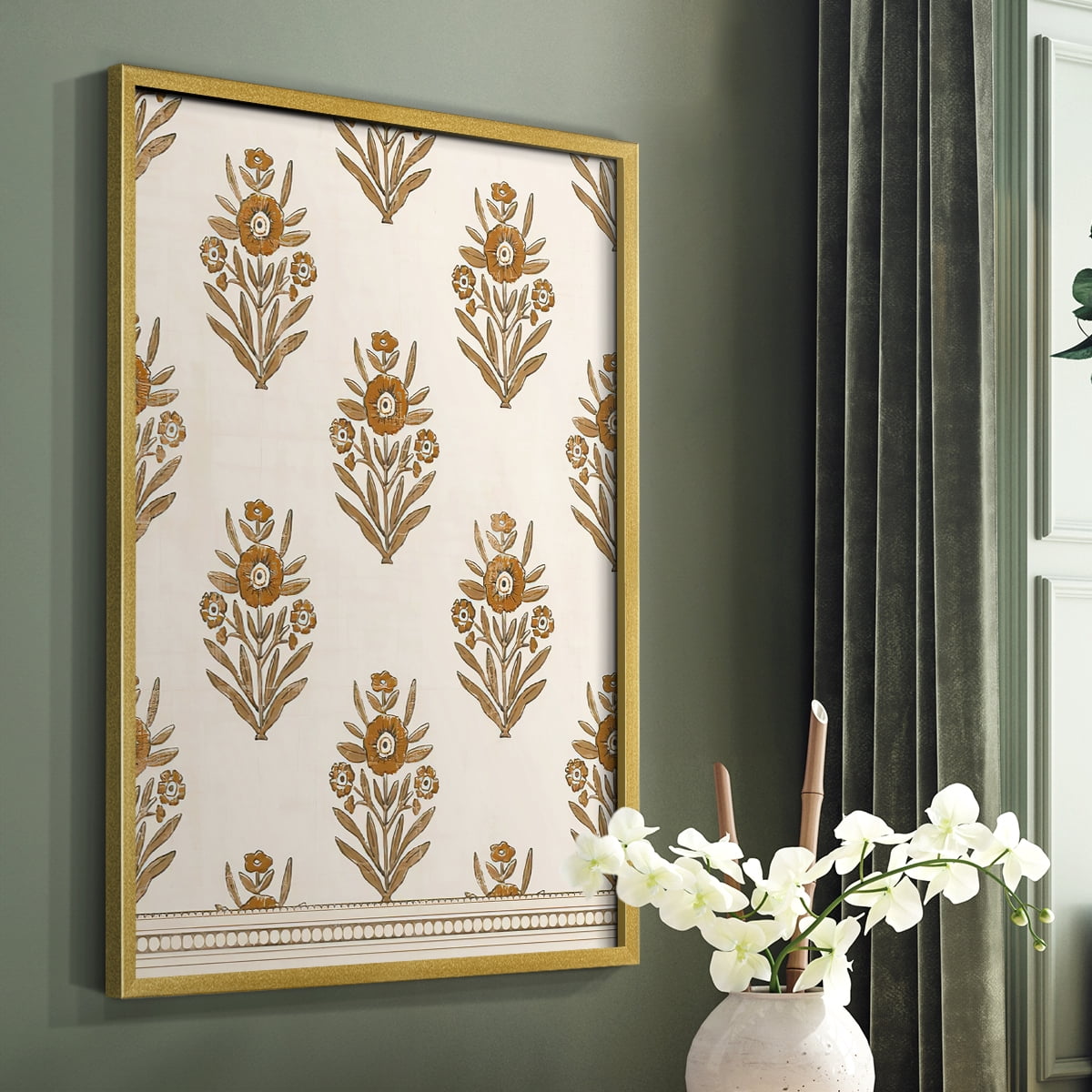 Block Print Blooms II Framed Print in Gold Solid Wood Framed Print No Nail Hanging