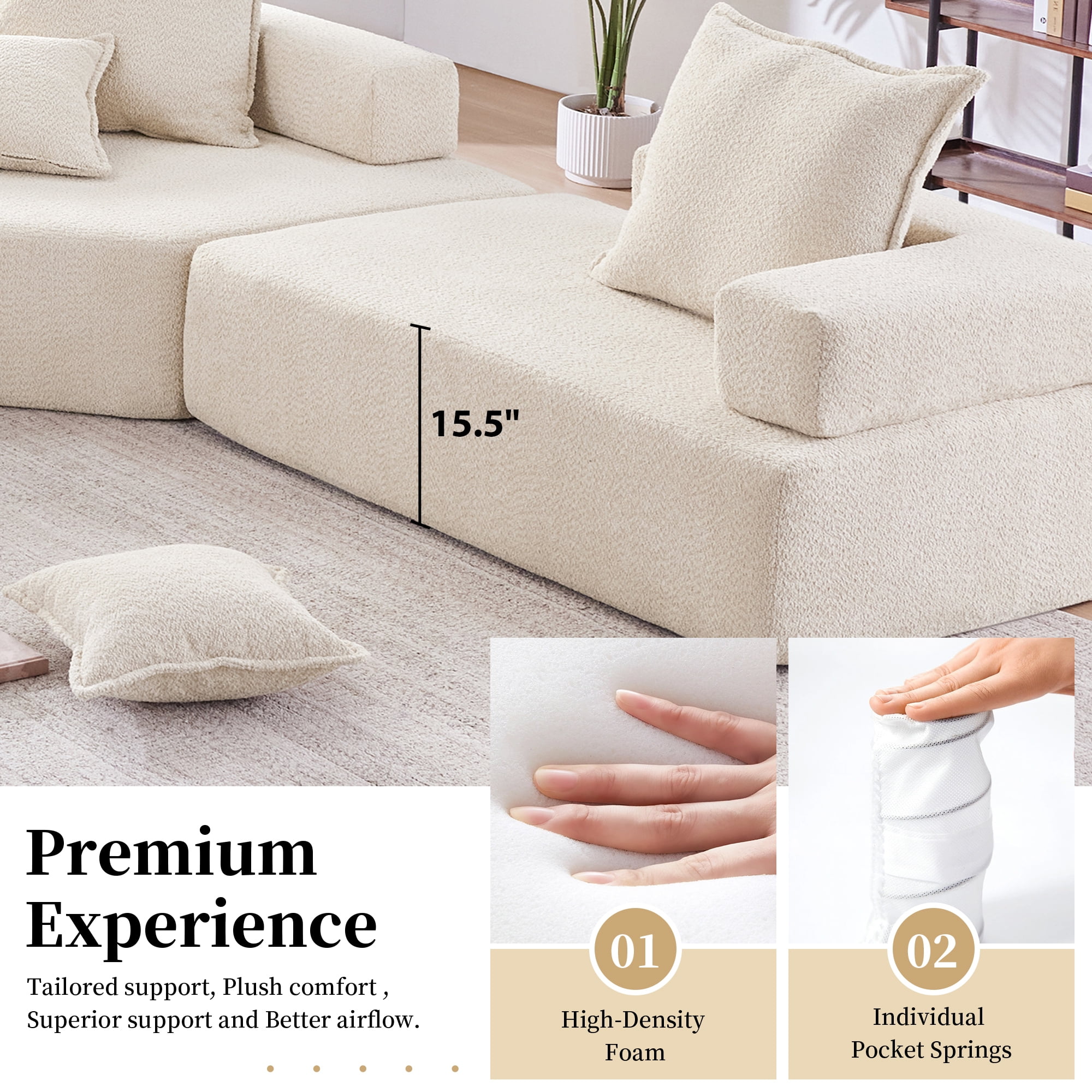 EUROCO 156" Oversized Modular U Shaped Sectional Sofa Couch, Boucle 4 PC Free Combination Floor Sleeper Couch Set, Spacious Foam-Filled Convertible Sofa Bed for Living Room, Beige