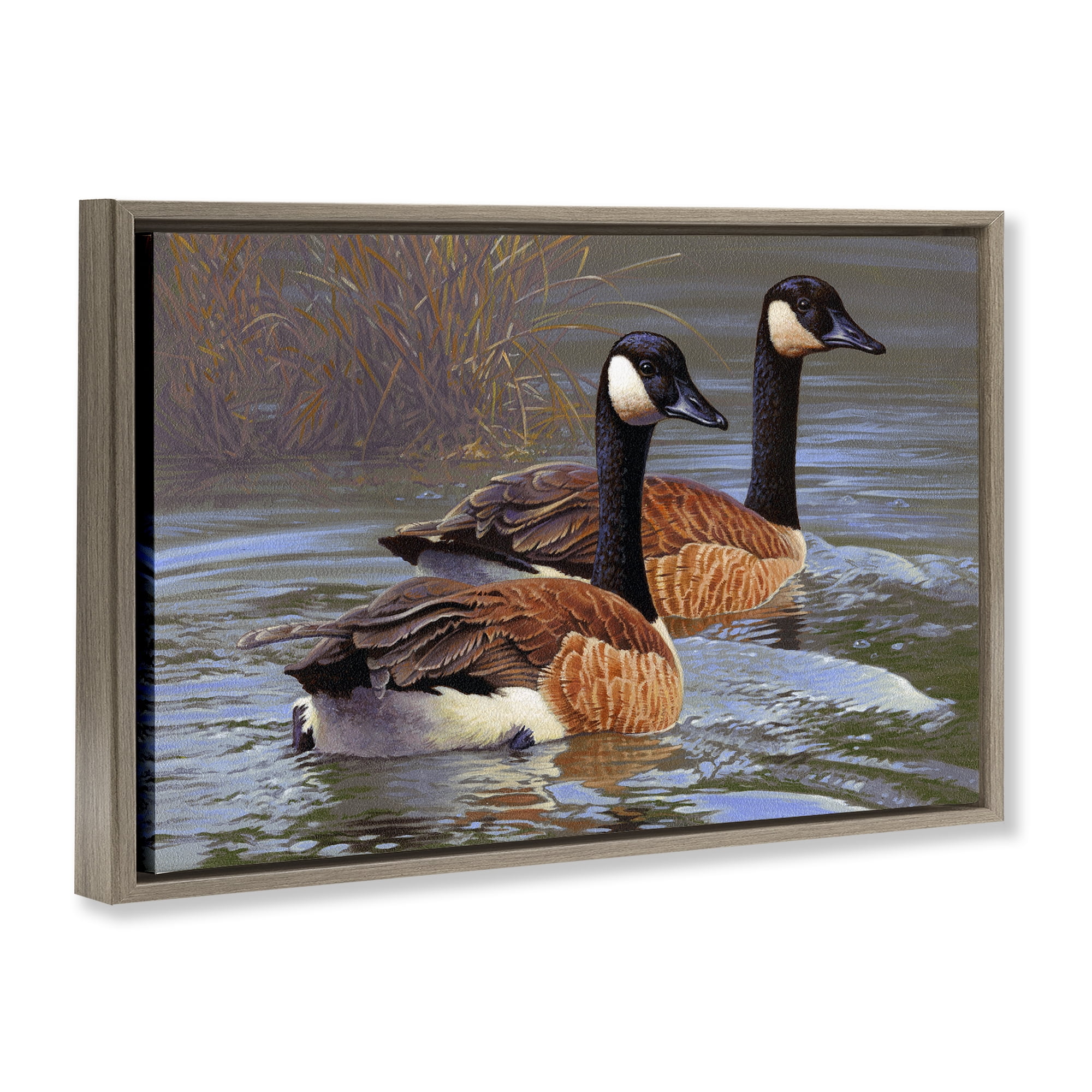 Stupell Industries Backwater Canada Geese Animals Painting Brown Floater Framed Canvas Art Print Wall Art, 25 x 17