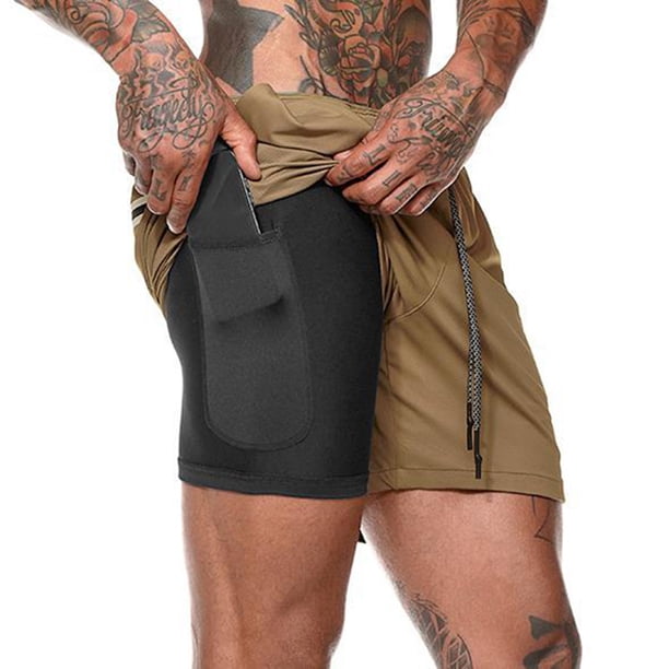 Shorts deportivos 2 en 1 para hombre Hombres 2-en-1 Entrenamiento Pantalones cortos para correr Deporte Cadera Fitness Ligero Gimnasio Yoga Entrenamiento Ropa deportiva Corbata Cinturón Cintura Pantal
