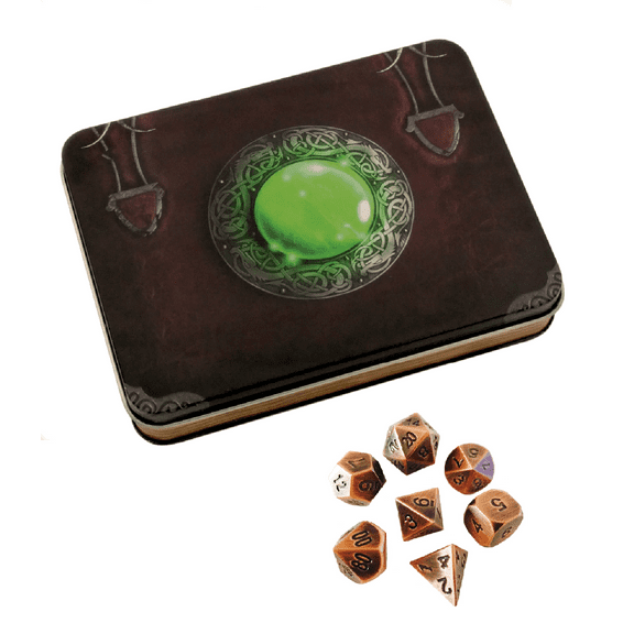 Wizards Grimoire with Antique Brass Color with Black Numbers Metal Dice -