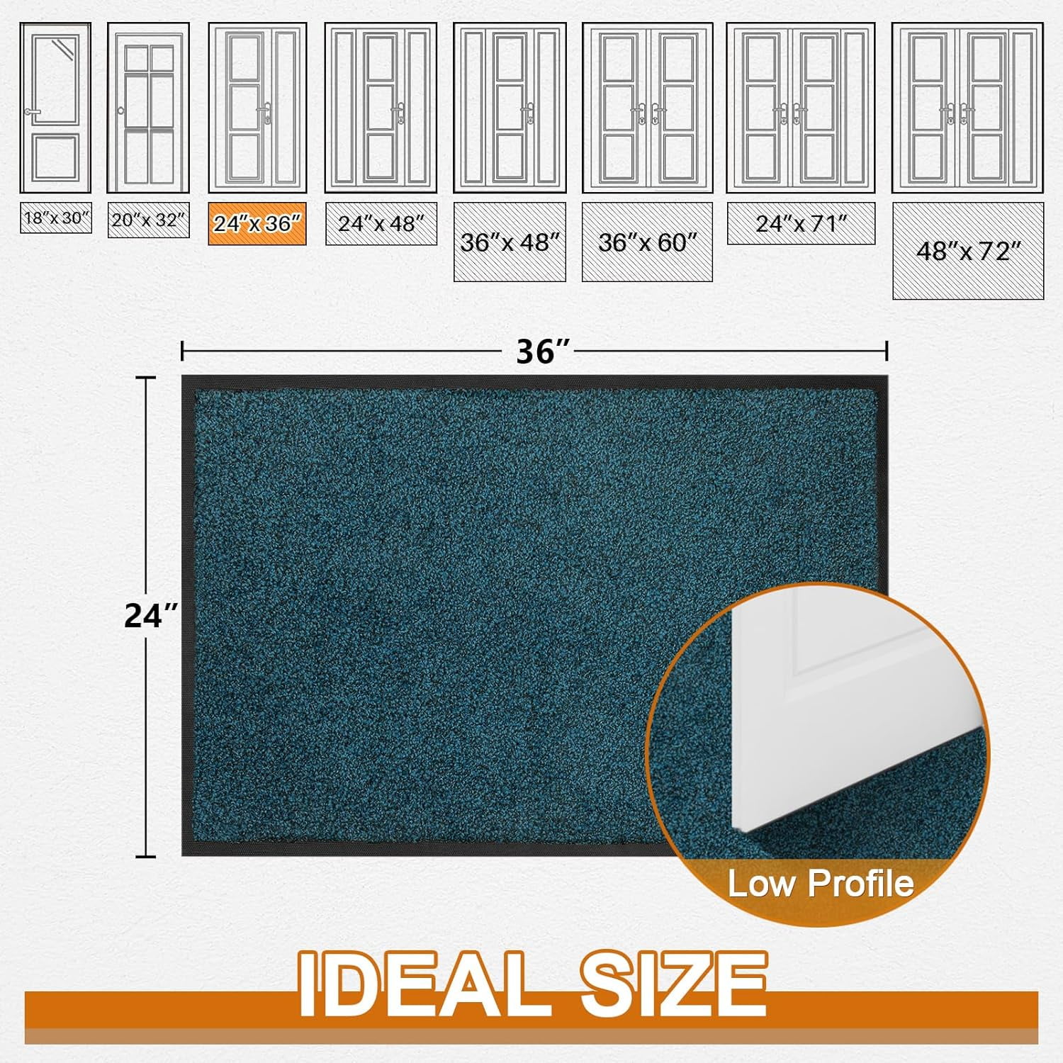 Front Door Mat, Dirt Trapper Welcome Mat for Outdoor Indoor, Non-Slip Waterproof Doormat, Durable Machine Washable Low Profile Entry Rug for Back Door Outside Patio Porch, 36" x 24", Blue