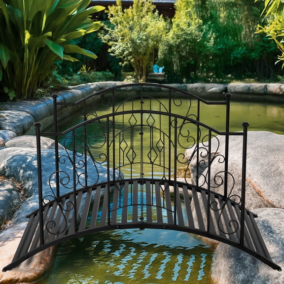 Zimtown 4ft Arched Wrought Iron Garden Bridge Railing, Outdoor Handrail for Safety and Decoration, Black