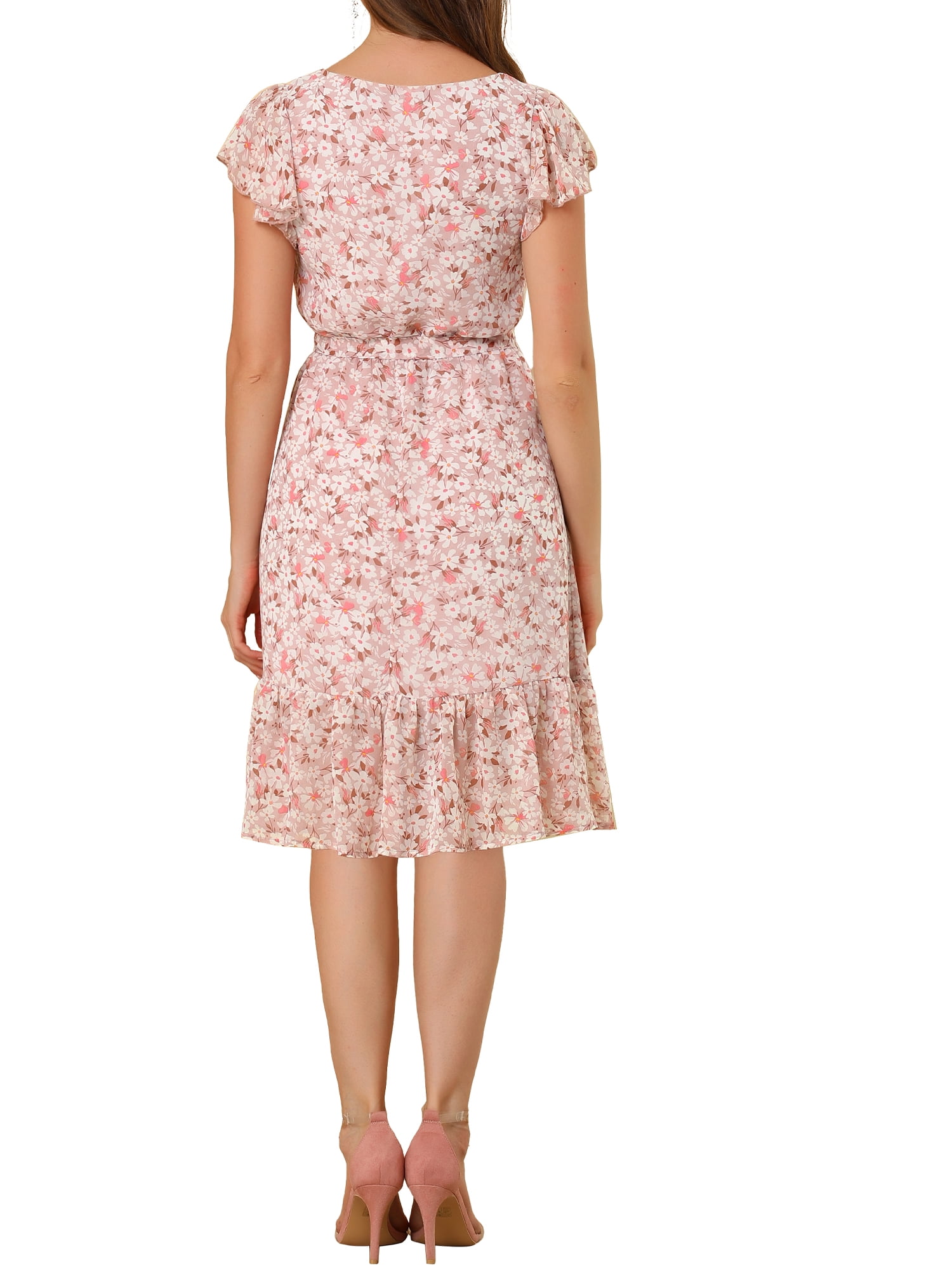 DARING DIVA Square Neck Flutter Sleeve A-Line Midi Dress S Pink White