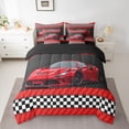 thumbnail image 2 of Feelyou Cartoon Red Automobile Bedding Comforter Set 7 Pieces, Speed Sports Lover Full Bedding Set, Checkered Square Plaid Reversible Fitted Sheet Flat Sheet, Lightweight Room Decor, 2 of 7
