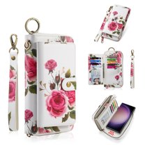 ELEHOLD Handbag Wallet with Case for Samsung Galaxy S23 Plus Flower Floral Pattern with Card Holders Zipper Purse RFID Wallet Wristband Strap Magnetic Phone Case for Samsung Galaxy S23 Plus,white