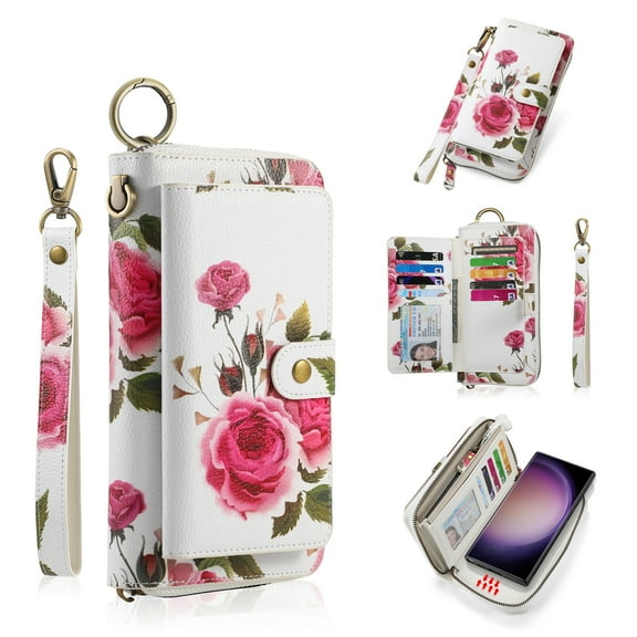 ELEHOLD Handbag Wallet with Case for Samsung Galaxy Note 20 Ultra Flower Floral Pattern with Card Holders Zipper Purse RFID Wallet Wristband Strap Magnetic Phone Case for Samsung Note 20 Ultra,white