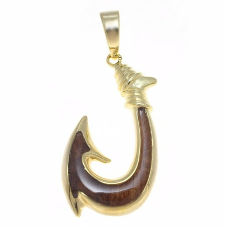 Hawaiian Jewelry - Koa Wood Hawaiian Wave Fish Hook Yellow Gold Plated Brass Reversible Pendant