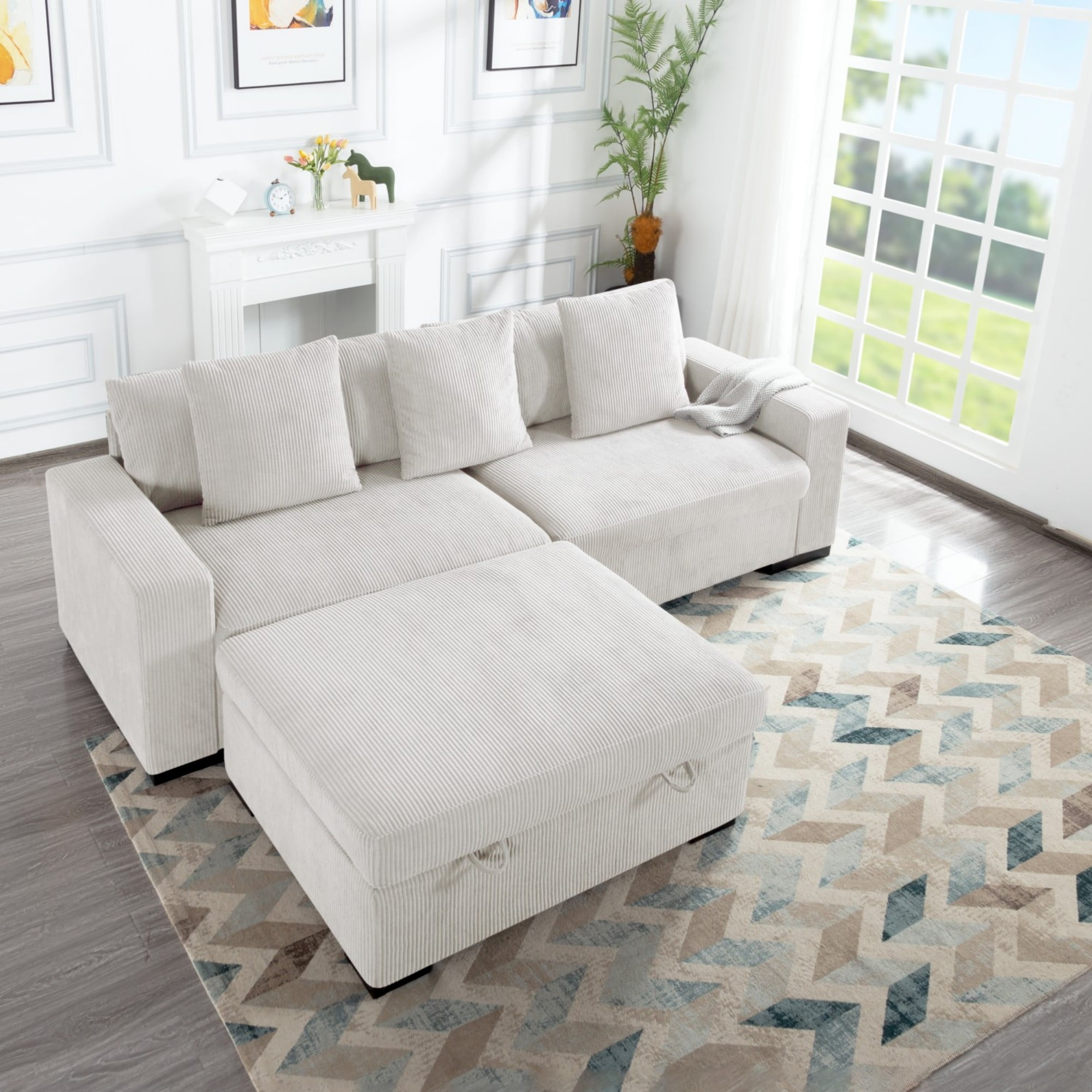 Gewnee 103.5-Inch Modular Corduroy Sofa Set with Solid Wood Legs, High-Density Foam, Suitable for Living Room/Bedroom/Office