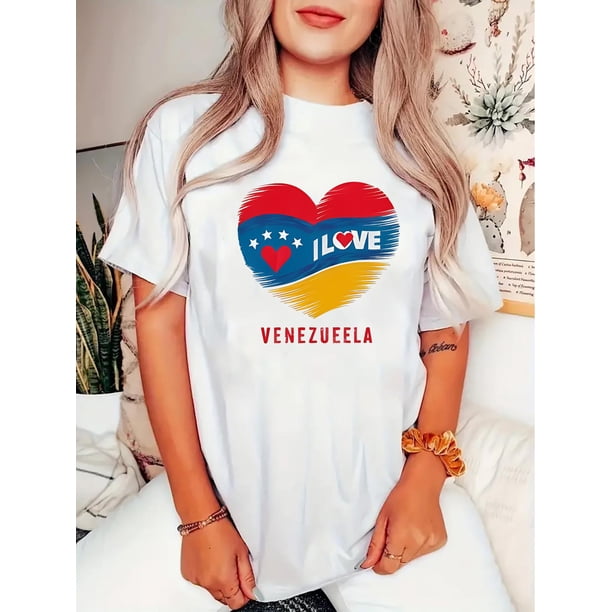 Chic Love Heart & Flag Print Women's T-Shirt - Casual Crew Neck, Short Sleeve, Stretchy Polyester Blend, Machine Washable - Perfect for Summer