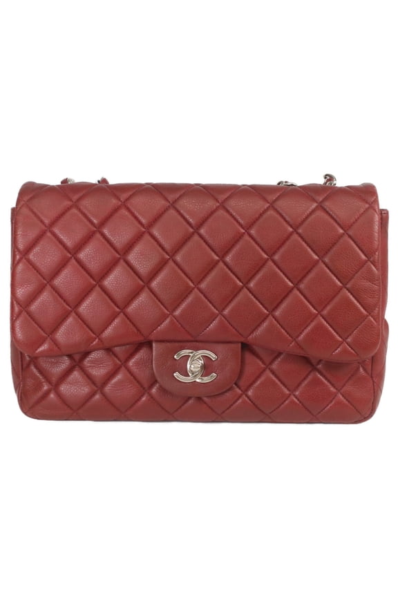 Pre-Owned CHANEL A28600 Bordeaux Caviar Single Flap Large Matelass 30 Tote Bag Red Silver...