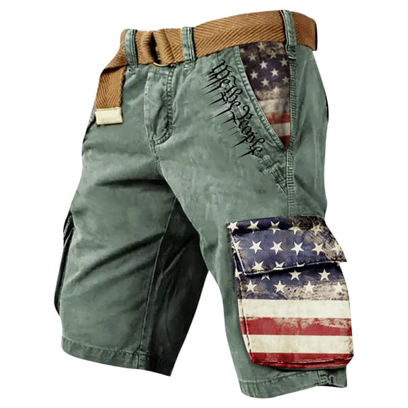 American Flag Shorts for Men Patriotic Graphic Distressed Washed Shorts with Pocket Baggy Casual Hiking Outdoor Golf Cargo Shorts We the People Independence Day Golf Shorts,Green S