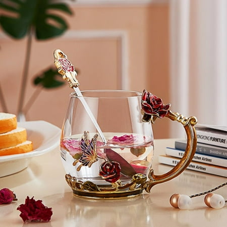 Enamel Flower Daisy - Elegant Enamel Glass Rose Chrysanthemum Coffee Daisies Flower Butterfly Tea Cup Spoon Set Party Cup Wedding Gift