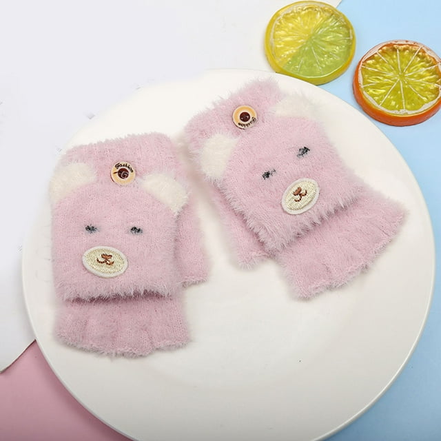 Winter Cartoon Half Finger Flip Plus Velvet Gloves Warm and Thick Plush Children Gloves