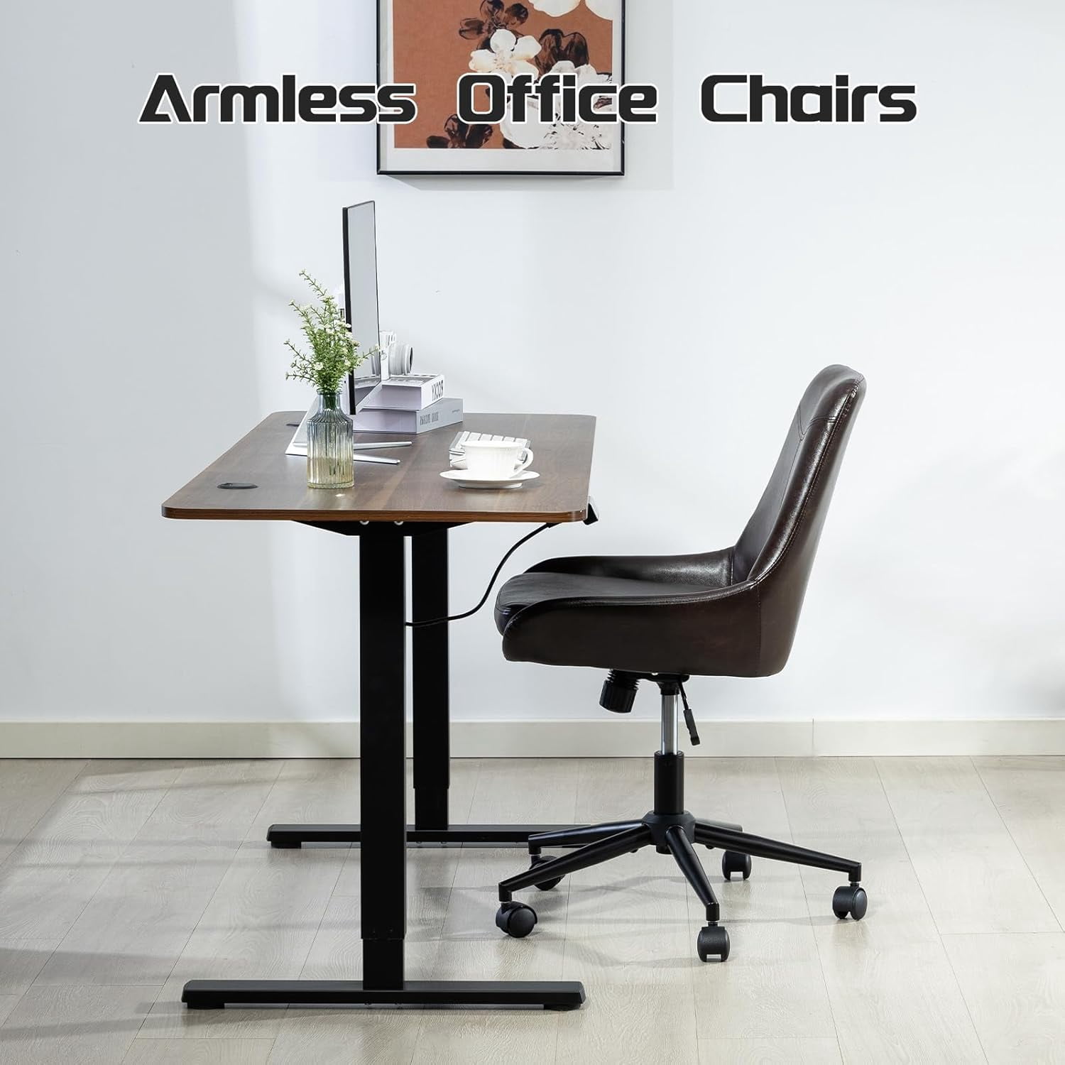 Faux Leather Home Office Chair，Comfortable Armless Task Chair Swivel Rolling Adjustable Height Home Office