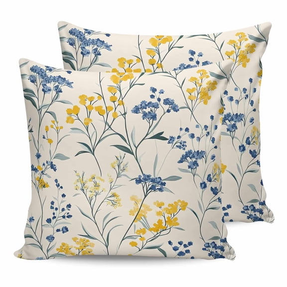 14x14 Pillow Covers Set of 2, Yellow Blue Flowers Throw Pillow Covers Decorative Couch Cushion Case, Watercolor Botanical Floral Plants Microfiber Square Pillowcases for Bedroom Car Living Room