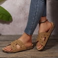 thumbnail image 3 of Womens Cork Footbed Slide Sandals with Arch Support Trendy Studded Hollow out Comfy Summer Slip on Flat Shoes Brown Size 6.5, 3 of 8