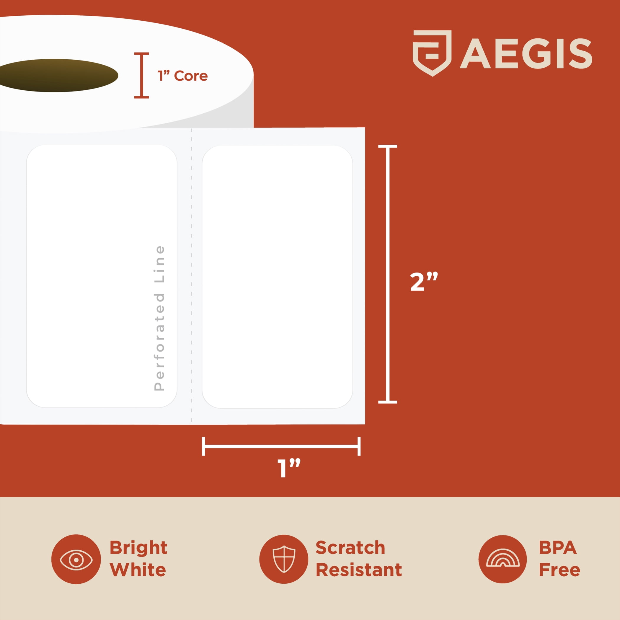 Aegis Adhesives - 2” X 1” Direct Thermal Labels for UPC Barcodes, Address, Perforated & Compatible with Rollo, Zebra, & Other Desktop Label Printers (12 Rolls, 1300/Roll)