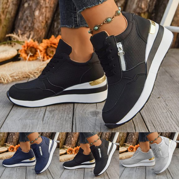 Pandaie Womens Wedges Sneakers Casual Platform PU Leather Walking Shoes Fashion Mesh Breathable Shoe Comfortable Non Slip Footwear Black 6.5