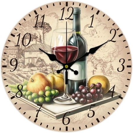 12inch Retro Wine Wall Clock Battery Operated Silent Non Ticking Round Decorative Clock for Office Home Living Room Bedroom Bathroom Kitchen Decor Red Wine