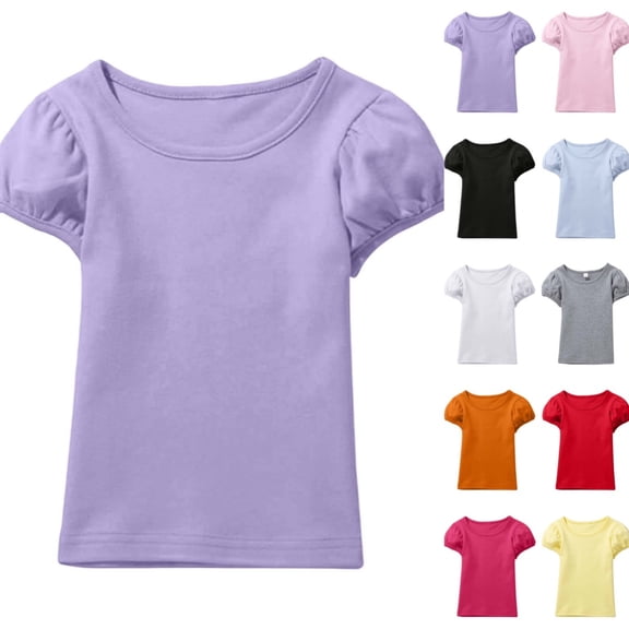 Bmisegm Girls T Shirts Soft Short Sleeve Cute Puff Sleeve Comfortable Casual Tee for Toddler and Kids Cute Tops for Girls for 0-14 Years Purple,1-2 Years