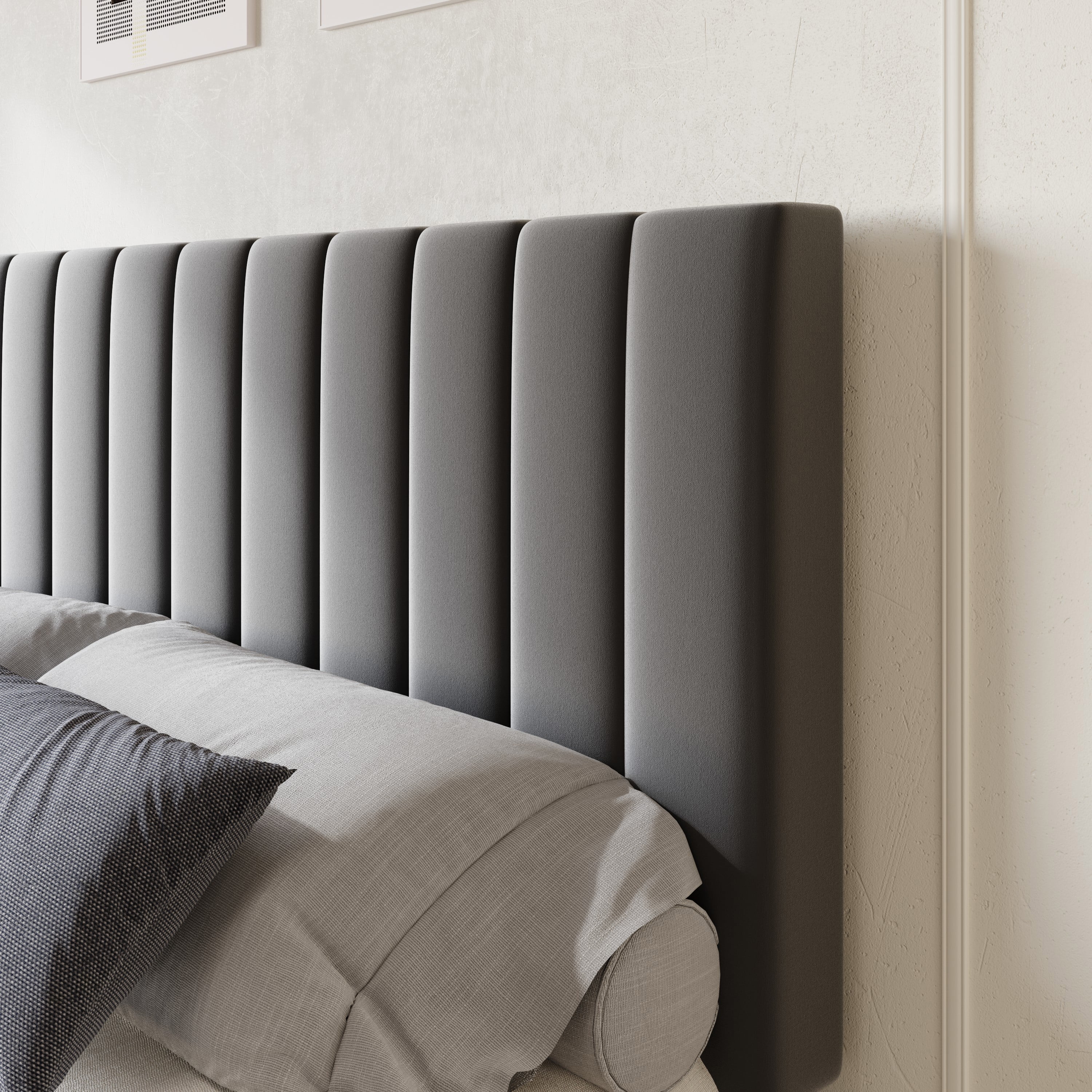 SHA CERLIN King Size Platform Bed Frame with 4 Storage Drawers, Vertical Channel Tufted Adjustable Headboard, Velvet Upholstered, Wooden Slats Support, No Box Spring Needed, Gray