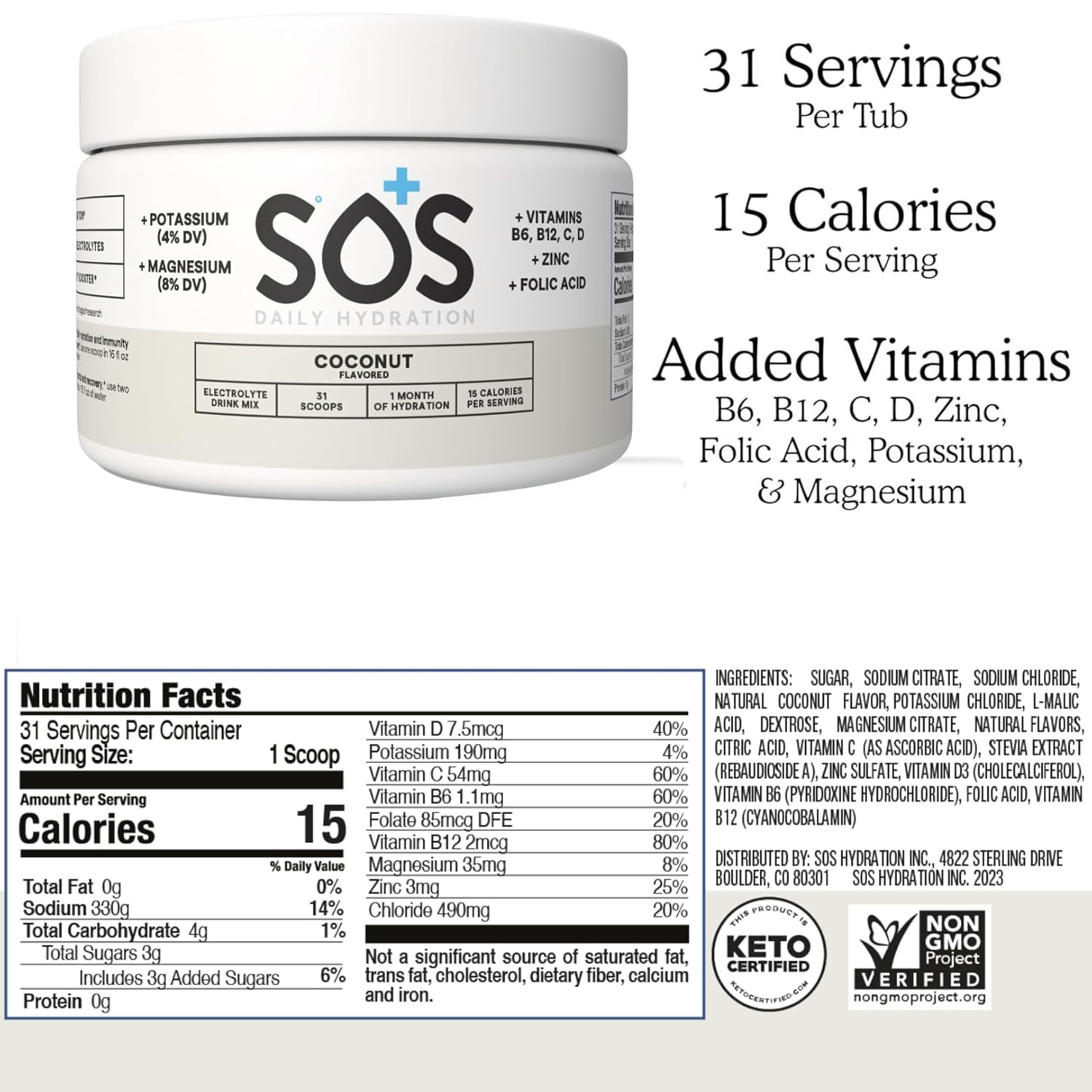 SOS Hydration Coconut Electrolyte Drink Mix (31 Servings) – Low Sugar, 15 Calorie, Keto-Friendly & Rapid Rehydration