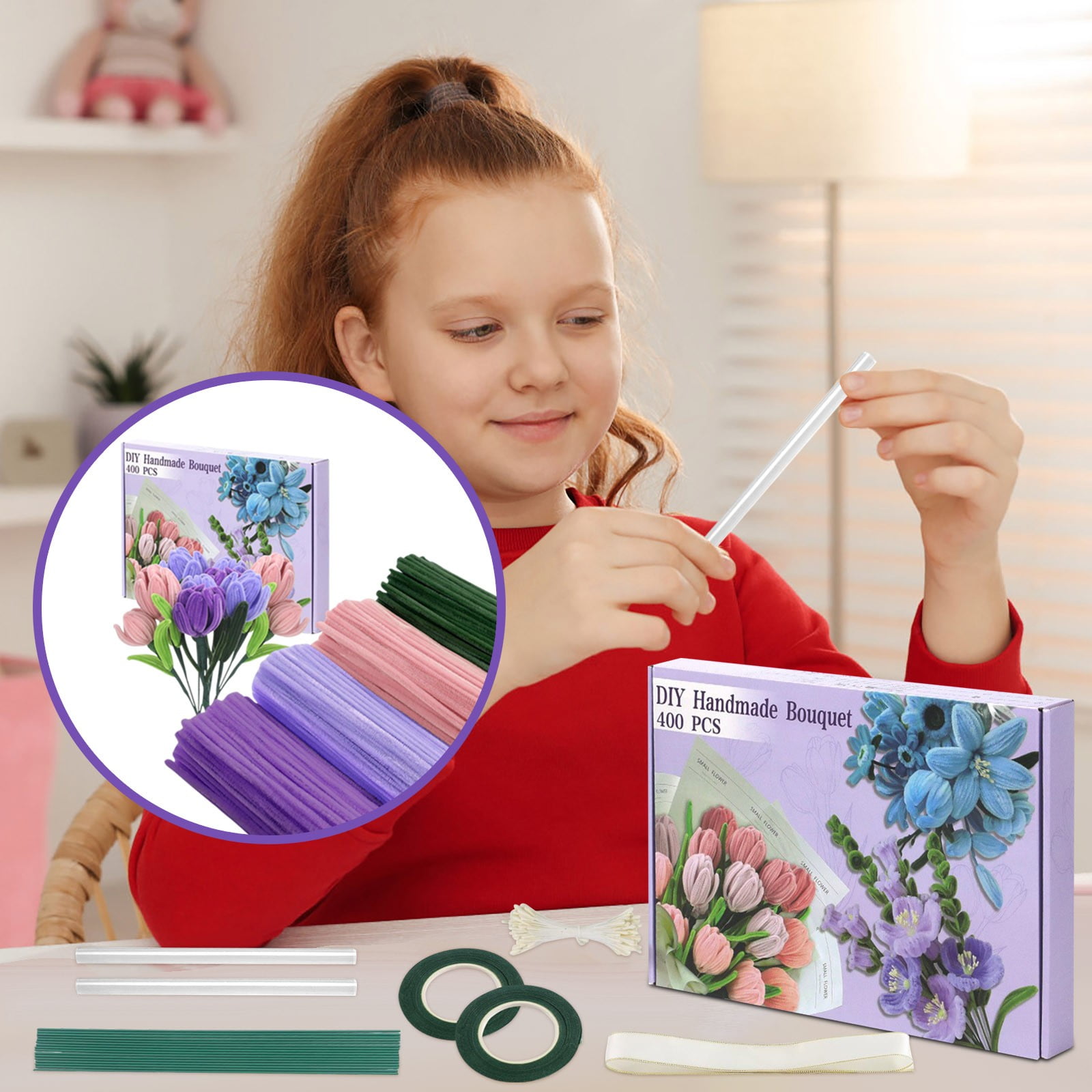 Pipe Cleaners 400-Piece Craft Kit with Assorted Colors,Flexible DIY Floral Stems for Handmade Bouquets,Long-Lasting Safe Materials for Crafting,Gifts,Decorations,and Creative Projects-A