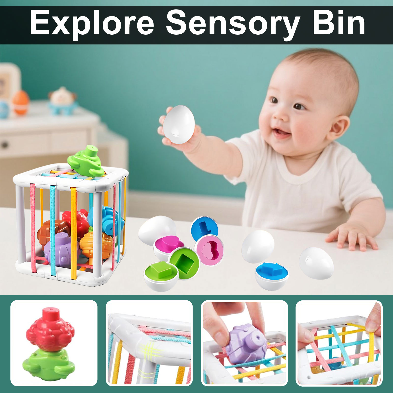 6-in-1 Montessori Baby Toys for 6-12 Months, Pull String Teether, Infant Stacking Blocks, Sensory Storage Bin Teething Toy Gifts for 1 2 3 Year Old Boys Girls