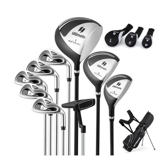 Men's Complete Golf Club Set, 10 Pieces, Black, Driver, Fairway Wood, Hybrid, Irons, Putter, Stand Bag