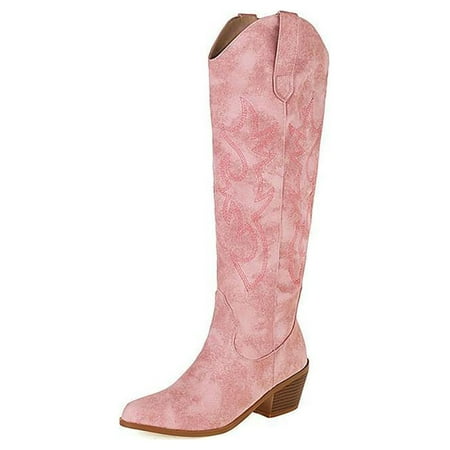 

Tenmix Cowboy Boots for Women Western Cowgirl Boots with Chunky Heel Ladies Mid-Calf Boot Pink 9
