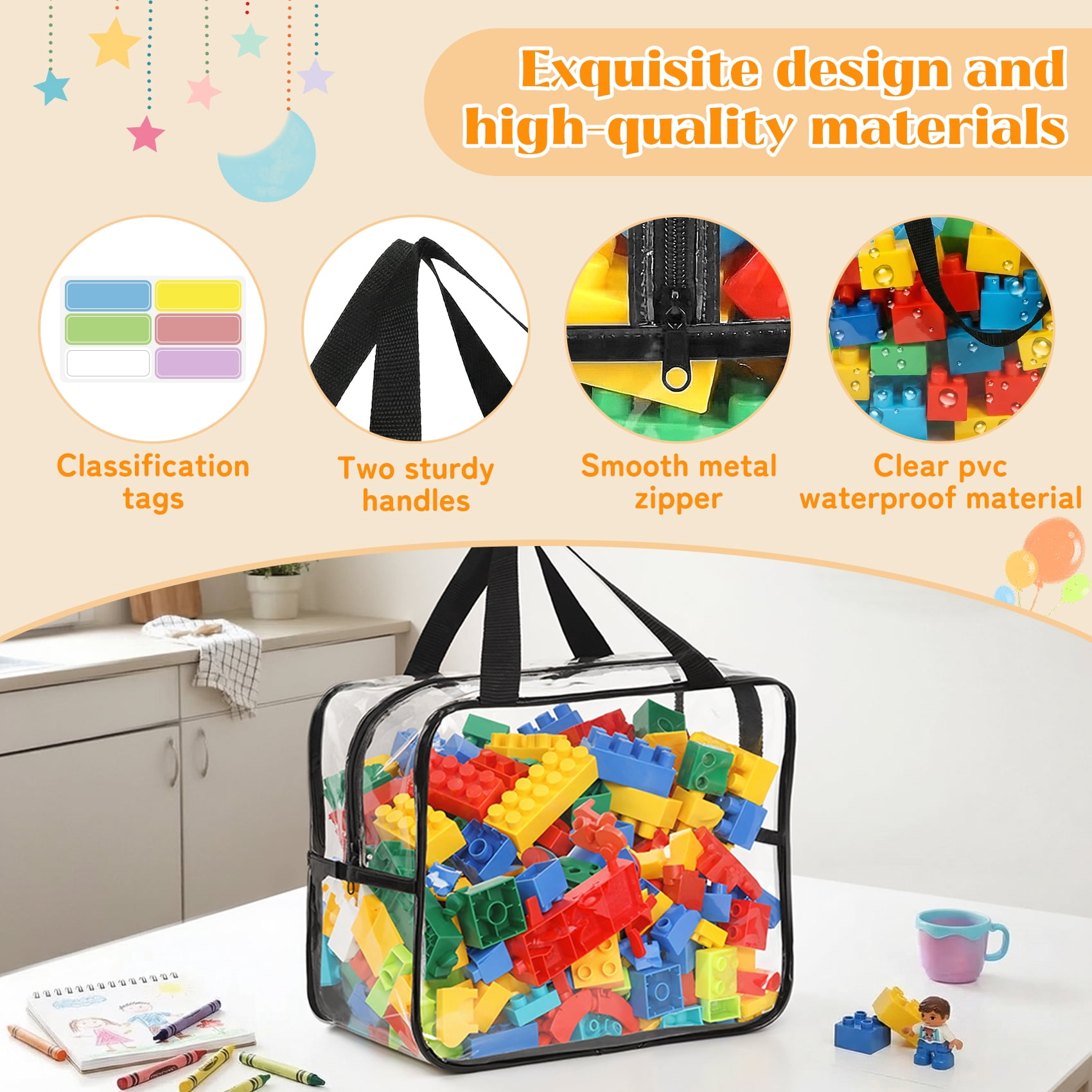 6 Pack Clear Toy Storage Bags with Carry Handles, 2 Sizes Zippered Storage Organizer Bins for Legos Puzzles Board Games, Playroom Storage Organizers.