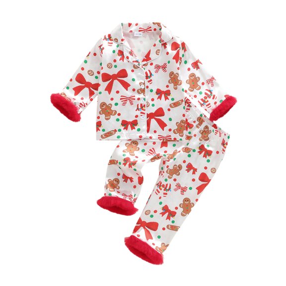 RUINIXCW Kids Toddler Baby Girl Christmas Silk Stain Pajamas Set Girls Fall Winter PJS Set Sleepwear Gingerbread Man Print Long Sleeve Button Down Shirt and Pants Set Loungewear Homewear 1-7 Years