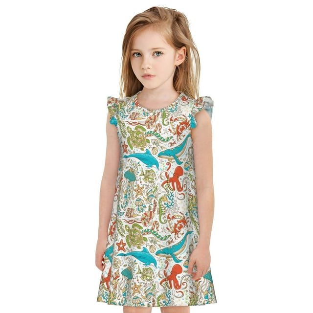 Vsdgher Animal Marin pour Filles Chemises de Nuit Manches Courtes à Volants Robe de Nuit Pyjama pour Fête Pyjama-Grand