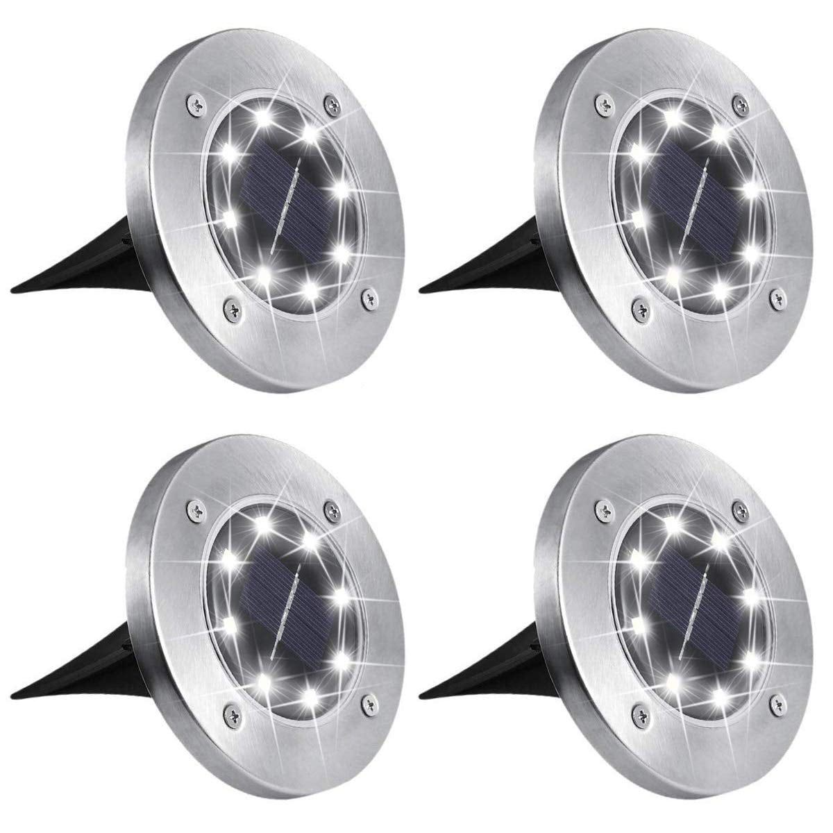 SOWAZ solar ground lights, 8 LEDs disk lights garden pathway outdoor In-Ground Lights 4 Packs -White Color Stainless Steel