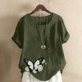thumbnail image 2 of XUNKUSGA Plus Size Cotton Linen Going Out Tops for Women Casual Summer Boho Tops Fashion Loose Fit Crew Neck Short Sleeve Floral Women's T-Shirts S-5XL Green, 2 of 5