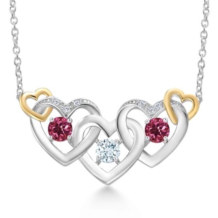 Gem Stone King 925 Silver and 10K Yellow Gold Sky Blue Aquamarine Pink Tourmaline and White Lab Grown Diamond Heart Shape Pendant Necklace for Women (0.81 Cttw, with 18 inch Chain)
