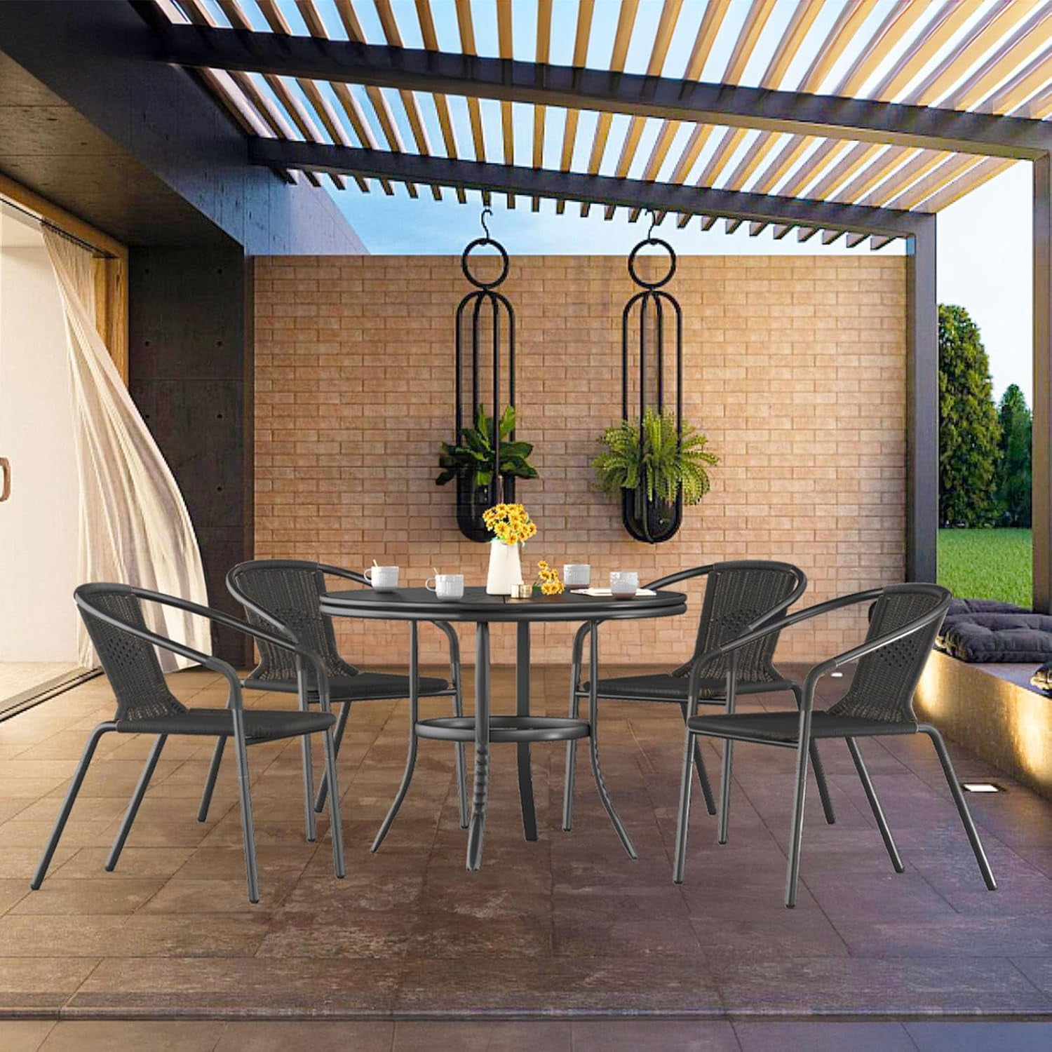 ELPOSUN Outdoor Dining Chairs Set of 6, Wicker Patio Chairs with Metal Frame, Rattan Indoor-Outdoor Chairs for Bistro, Deck, Backyard, Porch, Restaurant Stack Chair 6 Pack (Black)