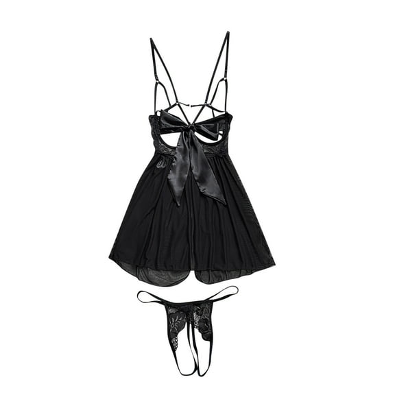 miqiqism Women Sexy Spaghetti Bodysuit Bow Mesh Nightwear Sundresses and Thongs Solid Hollow Out Underwear,White,Medium