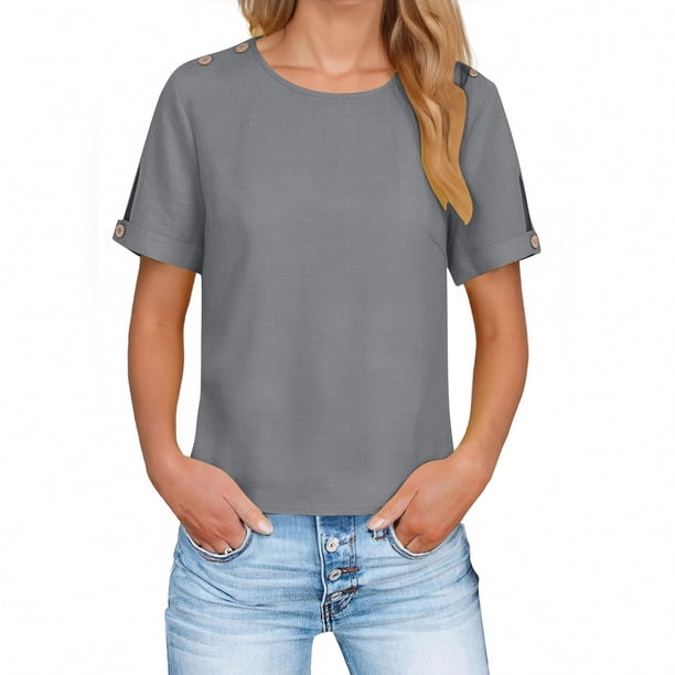 TaTaai Women's short sleeve crew neck top, linen cotton fabric, solid color, button cuffs, cutout detail, pullover style, casual loose fit, soft breathable, ideal for daily outings Gift